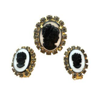 Signed TARA Cameo Pendant Clip Earrings Set Gold Tone Black & White Rhinestones